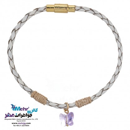 دستبند طلا و چرم - سنگ سواروسکی پروانه-MB0863
